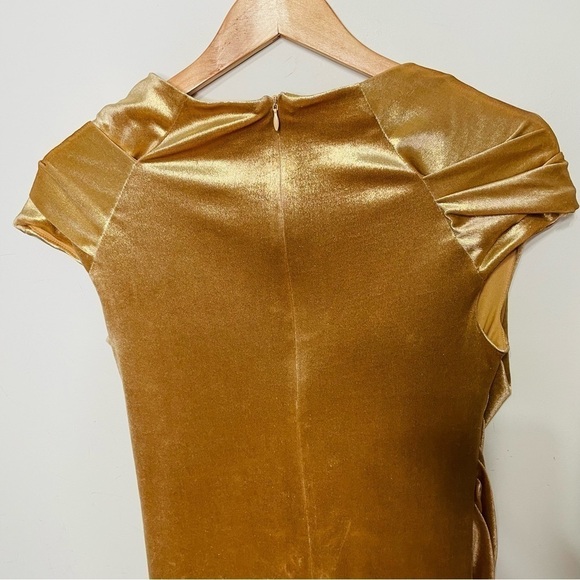 Metallic Gold Shimmer Holiday Draped Velour Ruched Fitted Asymmetrical Dress - Picture 12 of 12